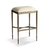 the backless stool is made from metal and has a white upholstered seat