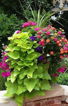 a planter filled with lots of colorful flowers