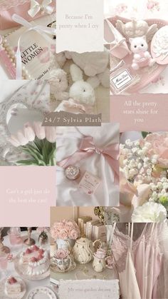 a collage of pink and white items including teddy bears, baby shoes, flowers