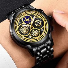 Black Luxury, Casual Black, Moon Phases, Quartz Movement, Quartz Watch, Chronograph, Wrist Watch, Moon, Stainless Steel