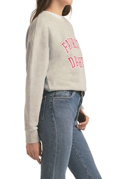 Here's the slightly slouchy sweatshirt that's the favorite to win at weekends. 27" length (size Medium) Crewneck Long sleeves 75% cotton, 25% polyester Machine wash, tumble dry Imported Relaxed Fit Tops For College In Fall, Relaxed Fit Tops For College Style In Fall, Relaxed Fit Tops For Fall In College Style, Casual French Terry Tops For College, Fall College Style Loungewear Top, French Terry Tops With Graphic Print For Fall, Graphic Print French Terry Tops For Fall, Casual French Terry Drop Shoulder Tops, Casual French Terry Top With Drop Shoulder