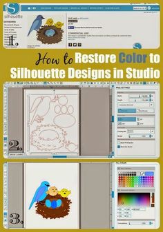 an info sheet with some pictures on it and the words how to restore color to silhouette designs in studio