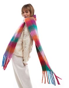 Accessoires van ASOS DESIGN Kou-vrije zone Geruit model Rechthoekige snit Kwastjes aan de uiteinden Modest Fashion Winter, Christmas Jumper Dress, Design Scarf, Rainbow Scarf, Check Design, Spring Floral Dress, Jumpsuit Party, Dress Bra, Neck Chain