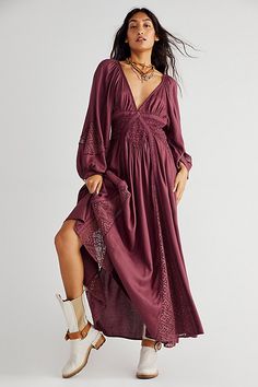 The definition of ethereal and effortless, this piece-lace maxi dress is featured in a V-neck silhouette with smocking at center and exaggerated sleeves for added shape.* Side pockets* Adjustable waist at back* Puff long sleeves