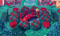 a painting of a red bridge surrounded by flowers