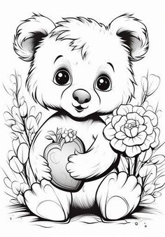 a black and white drawing of a teddy bear holding a heart with flowers around it