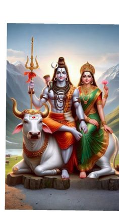 the god and goddess sitting on top of a cow