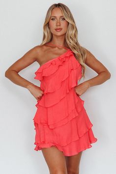 Arrabel Tiered Ruffle Mini Dress Watermelon by Selfie Leslie Free People Hoco Dress, Loose Fit Hoco Dress, Tiered Cocktail Dress, Pleated Hoco Dress, Sorority Rush Pref Dress, Pref Night Dresses, Trendy Mini Dress With Ruffled Straps, Spring Layered Party Dresses, Layered Spring Party Dress