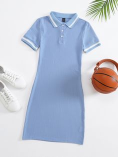 Azul Casual Collar Manga Curta Tecido Listrado Justa Embellished Elasticidade Média  Vestidos para Mulheres Sport Dress Outfit Casual, Party Gowns Evening, Vestidos Sport, Sport Dress Outfit, Cotton Casual Pants, Shirt Dress Outfit