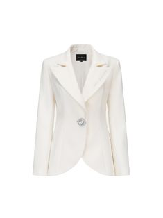 White Blazer With Lapel Collar For Evening, White Outerwear With Hidden Button Closure For Evenings, White Single Button Luxury Blazer, Classic White Blazer Dress With Lapel Collar, White Lapel Collar Evening Outerwear, Luxury White Single Button Blazer, White Luxury Single-button Blazer, White Tailored Blazer Dress With Lapel Collar, White Notch Lapel Blazer Dress