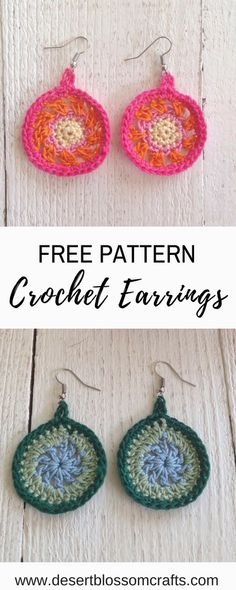 two crocheted earrings with the words free pattern on them and an image of three circular