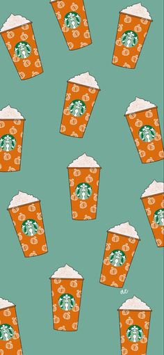 starbucks cup pattern with orange and white coffee cups on green background for wallpaper or fabric