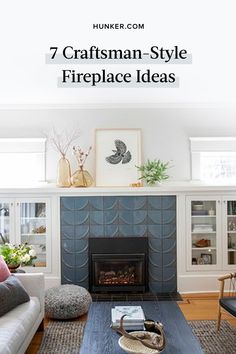 a living room with fireplace, chairs and couches is featured in the article 7 craftsman - style fireplace ideas