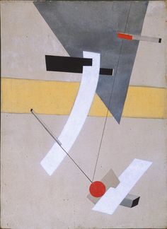 an abstract painting with white, black, yellow and red shapes on grey ground next to a gray wall