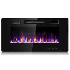 an electric fireplace with colorful flames on the front and back sides, in black frame