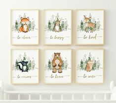 four cards with animals and words on them