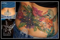 a woman's stomach with flowers and hummingbird tattoos on her side, before and after