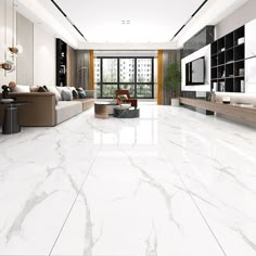 a large living room with white marble floors