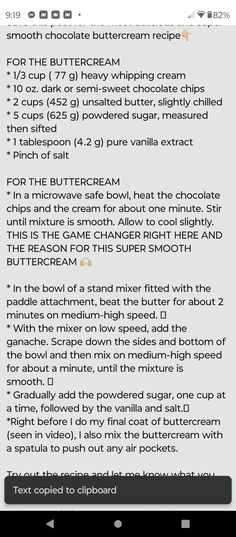 the recipe for chocolate buttercream is shown on an iphone screen, and it appears to be filled with ingredients