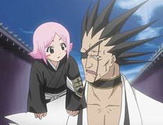 two anime characters one with pink hair and the other wearing black, standing next to each other