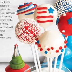 cake pops are decorated with red, white and blue icing for the fourth of july