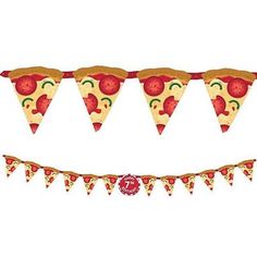 a slice of pizza hanging from a line with bunting on the side and flags