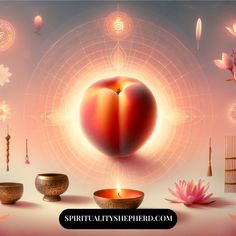 an apple surrounded by bowls and candles in front of a pink background with the words, spirit