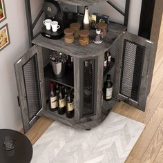 a corner cabinet with wine bottles and cups on it in the corner of a room