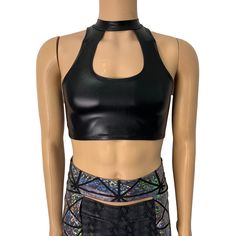 High-neck cutout crop top with sexy keyhole front. This top fits men or women for a unisex rave style. Made of 4-way stretch spandex. We can make this top in any of our 60+ fabrics if you request it in the personalization box! Please refer to the Women's size chart with your chest/bust measurement for sizing. Punk Style Stretch Cropped Tops, Edgy Stretch Crop Top, Stretch Cropped Punk Tops, Punk Style Cropped Stretch Tops, Edgy Fitted Halter Crop Top, Edgy Stretch Halter Top For Night Out, Edgy High Stretch Crop Top For Night Out, Edgy High-stretch Crop Top For Night Out, Edgy Stretch Crop Top For Club