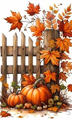 an autumn scene with pumpkins and leaves on the ground next to a wooden fence