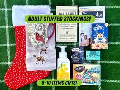 christmas gifts for adults and children are displayed on a green plaid blanket with the text, adult stuffed stockings 8 - 10 items gifts