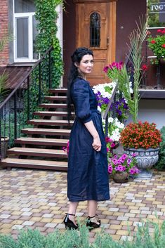 Beautiful retro style dress made from lightweight linen. This dress very delicate, airy and gentle. • The front bodice of the dress is decorated with handmade vertical tucks in different widths. • Dress with "Peter Pan" collar. • Front opening with buttons. • Flared 3/4 sleeves gathered into a cuffs. • linen sash (belt) and the side seam pockets. #linendress #retrodress #shirtdress #streetstyle #casualdress #linenclothing Elegant Linen Dress With 3/4 Sleeves, Shirtdress Streetstyle, Wedding Dress Midi, Dress Peter Pan Collar, Dress With Peter Pan Collar, Sleeves Wedding Dress, Cottagecore Dresses, Collar Shirt Dress, Peter Pan Collar Shirt