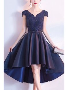 Modest High Low Navy Homecoming Dress Sequined With Cap Sleeves Navy Homecoming Dress, Princess Bridesmaid Dress, Dress Amazon, A Line Cocktail Dress, Gaun Fashion, 파티 드레스, Cheap Bridesmaid Dresses, Korean Dress, Elegant Party