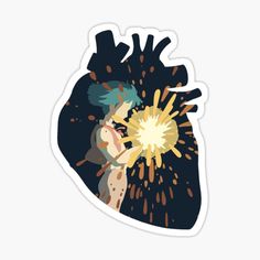 a heart shaped sticker with an image of a woman holding a firecracker