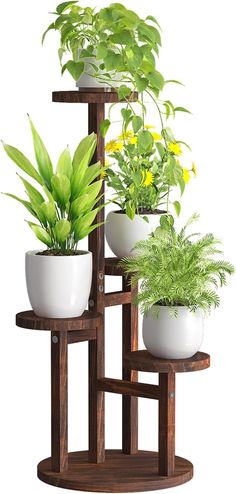 three potted plants are sitting on a wooden stand