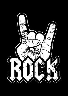 a rock hand sign with the word rock written in white ink on a black background