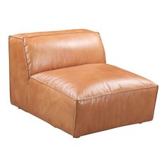 a brown leather chair sitting on top of a white floor