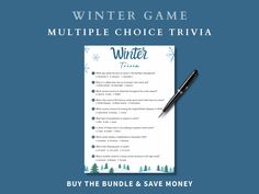 a winter game with the words winter written on it and a pen next to it