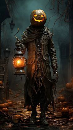 a man dressed as a scarecrow with a lantern in his hand and pumpkins on the ground