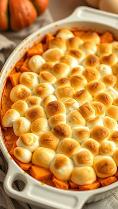 a casserole dish with marshmallows in it on a table next to pumpkins