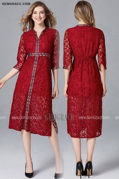 10% off now|Free shipping world-wide. L-5XL Exotic Lace Burgundy Tea Length Party Dress at GemGrace. Click to learn our pro custom-made service for wedding dress, formal dress. View #SemiFormalDresses for more ideas. Elegant Red Dress With Lace Patchwork, Elegant Red Lace Patchwork Dress, Elegant Red Lace Dress With Lace Trim, Elegant Red Lace Midi Dress, Elegant Red Lace Dress For Summer, Elegant Red Lace Summer Dress, Best Wedding Guest Dresses, For Wedding Dress, Semi Formal Dresses