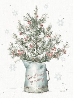 a christmas card with a watering can filled with holly branches and red berries on it