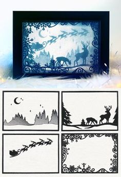 the silhouettes of christmas trees, deer and sleigh are shown in this paper cutout