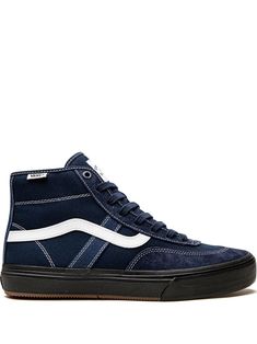 navy blue/black/white leather panelled design branded insole flat rubber sole front lace-up fastening ankle-length These styles are supplied by a premium sneaker marketplace. Stocking only the most sought-after footwear, they source and curate some of the most hard to find sneakers from around the world. Hightop Sneakers Men, Vans Shoes High Tops Blue, Vans Black High-top Sneakers, Black High-top Vans Boots, Blue Urban High-top Sneakers For Skateboarding, Blue Vans High-top Sneakers For Streetwear, Velvet Vans, Fall Fashion Shoes, Van Doren