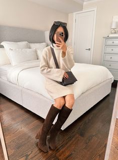 Tall Brown Boots Outfit, Tall Brown Suede Boots, Suede Boots Outfit, Tall Boots Outfit, Chunky Knit Sweater Dress, Sam Edelman Loafers, Brown Boots Outfit, Long Sweater Jacket, Shoes For Fall