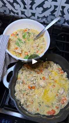 two pans filled with food sitting on top of a stove next to each other