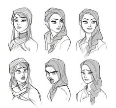 some sketches of people with long hair and scarfs on their heads, one in the middle