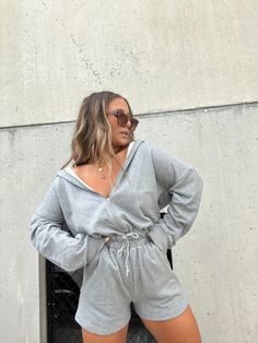 WOW ME SWEATSHIRT ROMPER Gray Sweats For Fall Loungewear, Gray Spring Sweatshirt For Loungewear, Gray Drawstring Hood Sweats For Loungewear, Gray Hoodie For Loungewear, Gray Hoodie Sweats For Loungewear, Gray Loungewear Hoodie Top, Gray Hooded Sweats For Loungewear, Gray Long Sleeve Sweatshirt With Drawstring, Cute Romper Outfits