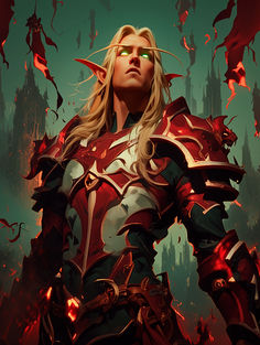 a woman with blonde hair and green eyes standing in front of a dark background wearing armor