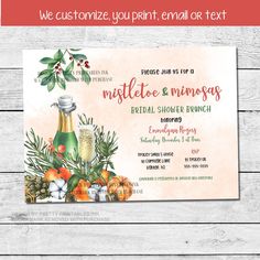 a christmas brunch party flyer with an image of a bottle of wine and pine cones